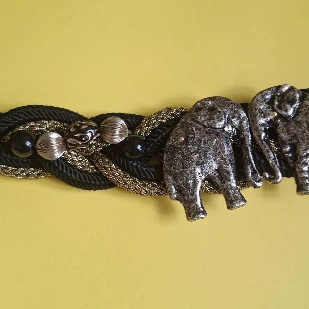 Vintage Carolyn Tanner Elephant Statement Belt – Black & Gold Braided Adjustable